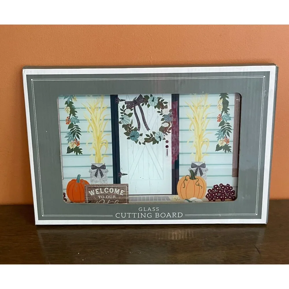 Nantucket Fall Glass Cutting Board 12x8 Pumpkin Farmhouse Autumn Kitchen Decor